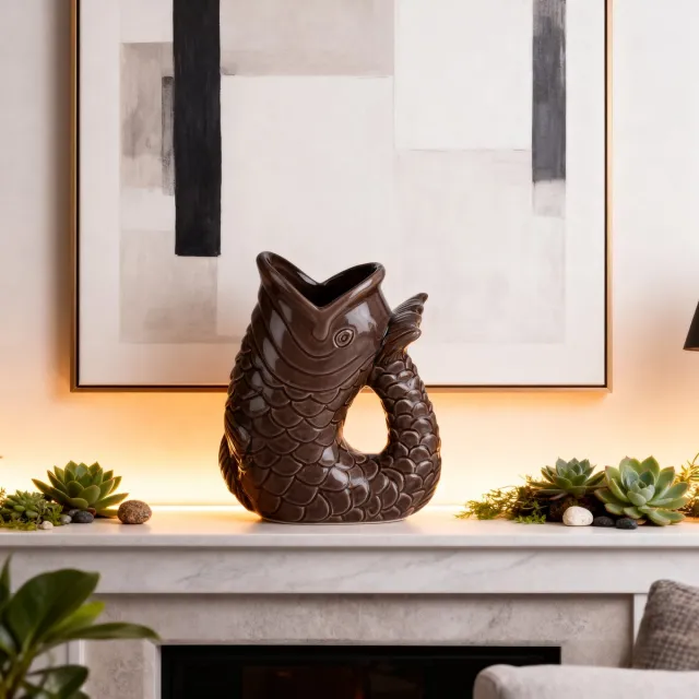 Arti Casa Vase Fish - Decoratieve Keramieken Vaas in Visvorm - Geschikt voor Bloemen of als Decoratie - Modern Design - Combineert Goed met Andere Vazen - 13,2 x 8 x 16,8 cm - Grijs
