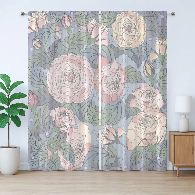 ABAKUHAUS Rustiek gordijn met bloemenprint, roze rozen, met lussen en haken voor de woonkamer, 280 x 175 cm, Blush Ceil Blue