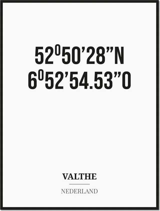 Studio216 Poster/kaart VALTHE met coördinaten zwart, wit