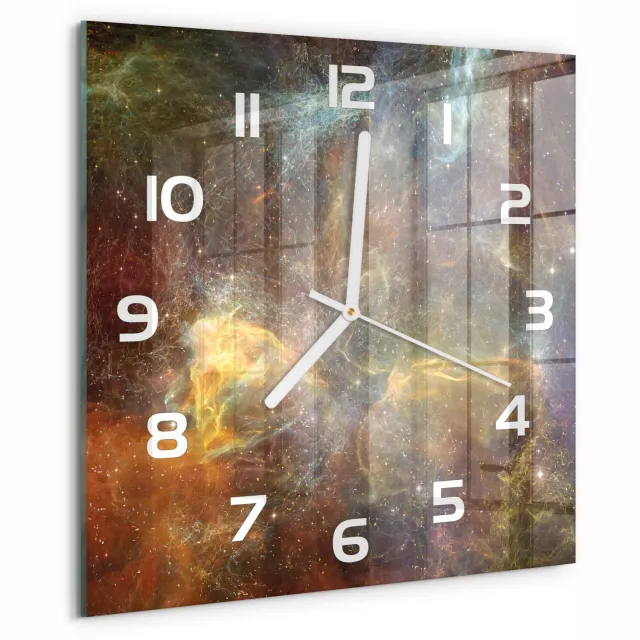 TULUP Wandklok - Kosmos Klok Glas Met Opdruk - 30x30 cm - Veelkleurig Moderne Wandklok Glas - Witte handen - Vierkante Klok - Decoratieve Glazen Klok - Glazen Wandklok Design