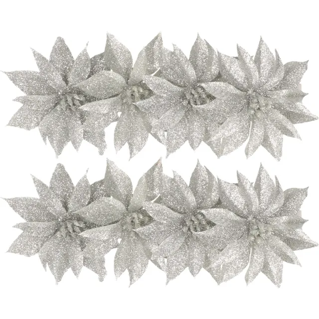 Gerimport Kerstboomversiering Bloemen - 8x stuks - 9 cm - zilver glitter - op clip