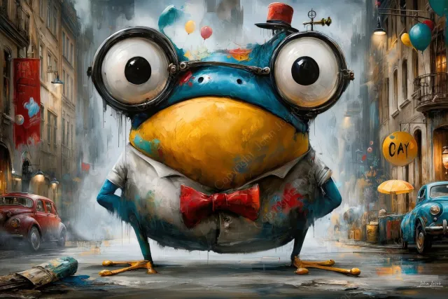 John Joseb Art (Canvas) 90x60 | Grappige gekke kikker in de stad, humor, abstract, kunst, kleurrijk, felle kleuren, dier, rood, bruin, blauw, modern | Foto-Schilderij canvas print (wanddecoratie) Canvas, dikte 2 cm