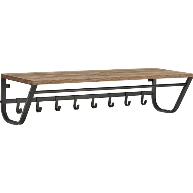 Acaza Kapstok - Wandkapstok - Kapstok Hangend - 90 x 30 x 20 cm - 8 Haken met Plank en Kledingstang - Essenhout Bruin