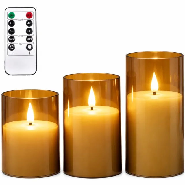 SWGOTA led kaarsen, 3 stuks per doos, met afstandsbediening, druppelvormige vlam en warme lichtkleur, bruine cilindervormige omhulsels, voor bruiloften en verjaardagen