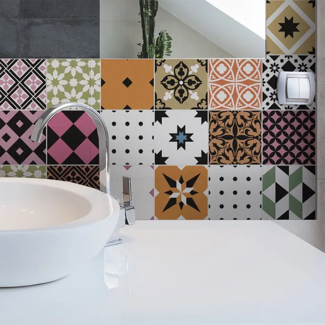 Ambiance Sticker Zelfklevende tegelmuurstickers voor keuken en badkamer - 24 Vincinda Azulejos cementtegelstickers - 24 stickers, 20x20cm Multi color