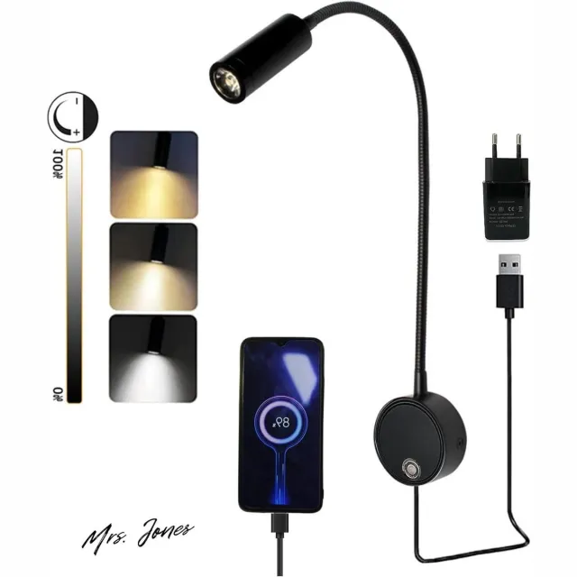Mrs. Jones Bed Leeslamp touch schakelaar USB-aansluiting dimbare leeslamp EU-stekker snoer muur gemonteerde LED bedlamp flexibele zwanenhals lamp 3W wandlamp slaapkamer kantoor . multi-color