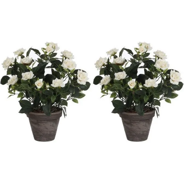 Mica Decorations Kunstplant - 2x - rozen - wit - in grijze pot - 33 cm