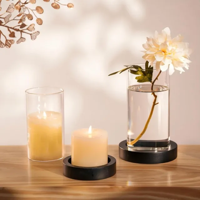 Allecto Plus Glazen Lantaarns Set: Kaarshouders in Houten Frame voor Tafeldecoratie - Kerst- en Bruiloftsdecoratie met Theelichthouders - Grote Staalkaarsen - Glazen Cilinder en Bodemvaas Any