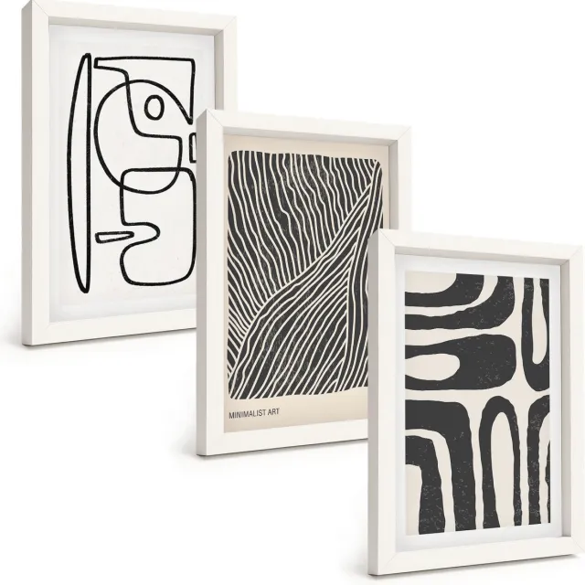 TULUP 3-Delige Schilderij Set - Abstracte patronen met lijnen en texturen op een lichte achtergrond. - 20x30 - Moderne Wanddecoratie - Slaapkamer - Muurdecoratie Witte lijst