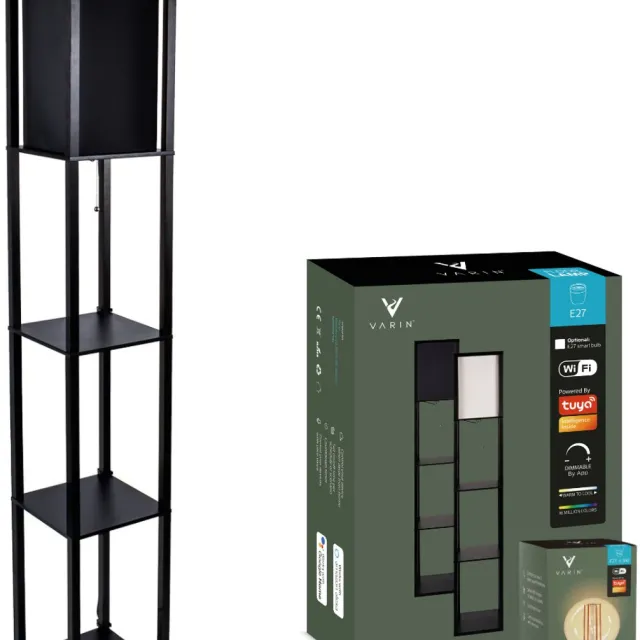 Varin Vloerlamp met vakken - Zwart - Met E27 Led lamp filament - Dimbaar - Witlicht warm - Smart Lamp - Tuya wifi - Slimme staande lampen - Sfeerlamp - Vakkenkast - Lamp industrieel - Vloerlampen - Verlichting woonkamer, keuken en slaapkamer Zwart frame + zwarte kap
