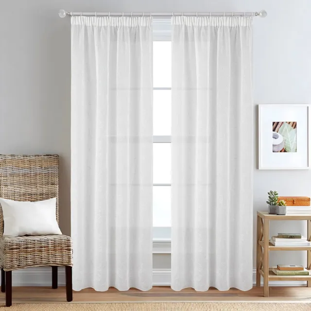 SB Line Vitrage Gordijn – 140x260 cm – Met Plooiband – Transparant met zilver bladmotief – Wit