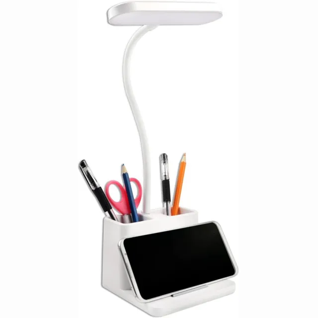 SSTRWGOOD LED-bureaulamp - 5W - 3 standen & 3 helderheidsniveaus - USB-voeding - Flexibele zwanenhals - Met pennenhouder & telefoonhouder - Wit