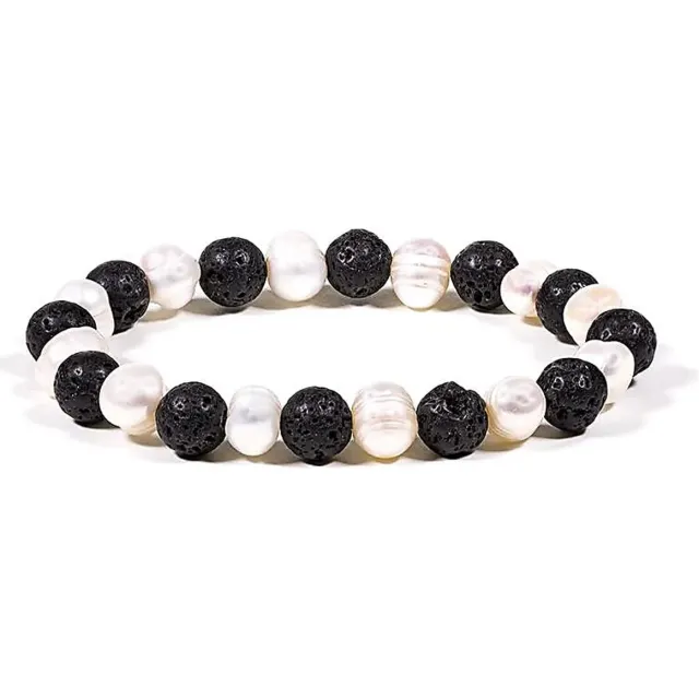 Phoenix Import Mani Bhadra Armband - Lava/Parel- Sierraad - Zwart/Wit - Cadeau - Spiritueel - Edelsteen - Moed - Transformatie