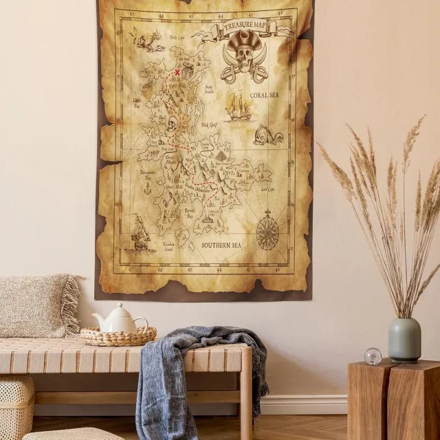 ABAKUHAUS Eiland Wandtapijt, Oude Papieren Schatkaart, Woonkamer Slaapkamer Wanddoek Zijdezacht Satijn Tapijt, 100 x 150 cm, Beige Bruin