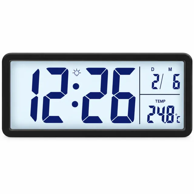 SWGOTA Digitale wandklok met LCD - tijd, temperatuur- en datumweergave - zwarte rechthoekige behuizing - werkt op batterijen