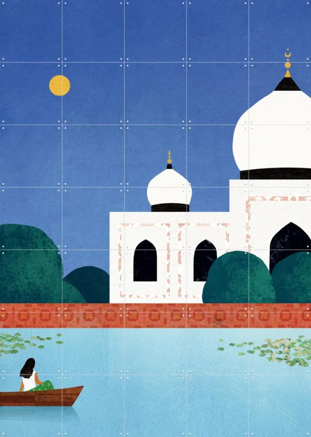 IXXI Taj Mahal Boat Ride, Henry Rivers - 100 x 140 cm - Grote wanddecoratie en posters - Aquarel, Illustraties, Kleurrijk, Grafisch Ontwerp, Speels Blauw