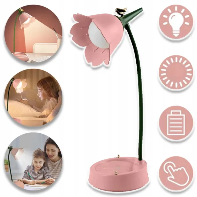 JIMUYU Tafellamp Met Bloemmotief En 360° Verstelbare Aanraakbediening – 3 Kleurtemperaturen En Oplaadbare 1200 mAh – Oogvriendelijke LED En USB-Opladen – Ideaal Cadeau Roze