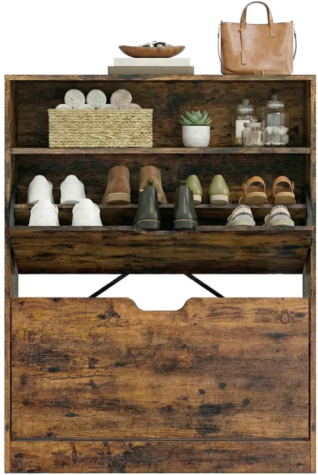 Vasagle Schoenenkast - Schoenenkast met 2 Kleppen - Verstelbare Scheidingswand - Open Vak - Voor 11-16 Paar Schoenen Vintagebruin
