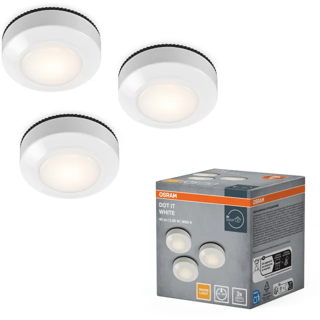 Osram DOT-IT 3-Pack LED Lampen, 0. 68W, 40lm, 3000K Warm Wit, Touch Aan/Uit, batterijgevoed, Wit, ABS, rond