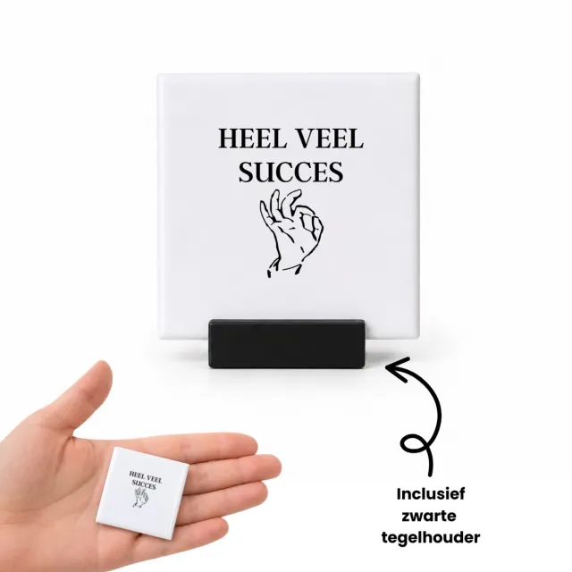 Hacebo heel veel succes tegeltje met tegelhouder - Afscheid bedank cadeau - Collega - tegeltjes met tekst - Bedankje - Cadeautje voor collega - kado - afscheids cadeau - spreuktegels - 4.8x4.8 CM Wit