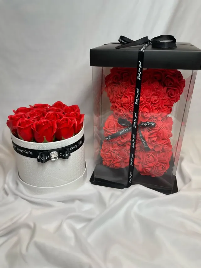 AG Luxurygift AG Luxurygifts rozen box - rozen beer - cadeau - soap roses - flower - gift - Valentijnsdag - luxe - beer - rozen Rood , Wit