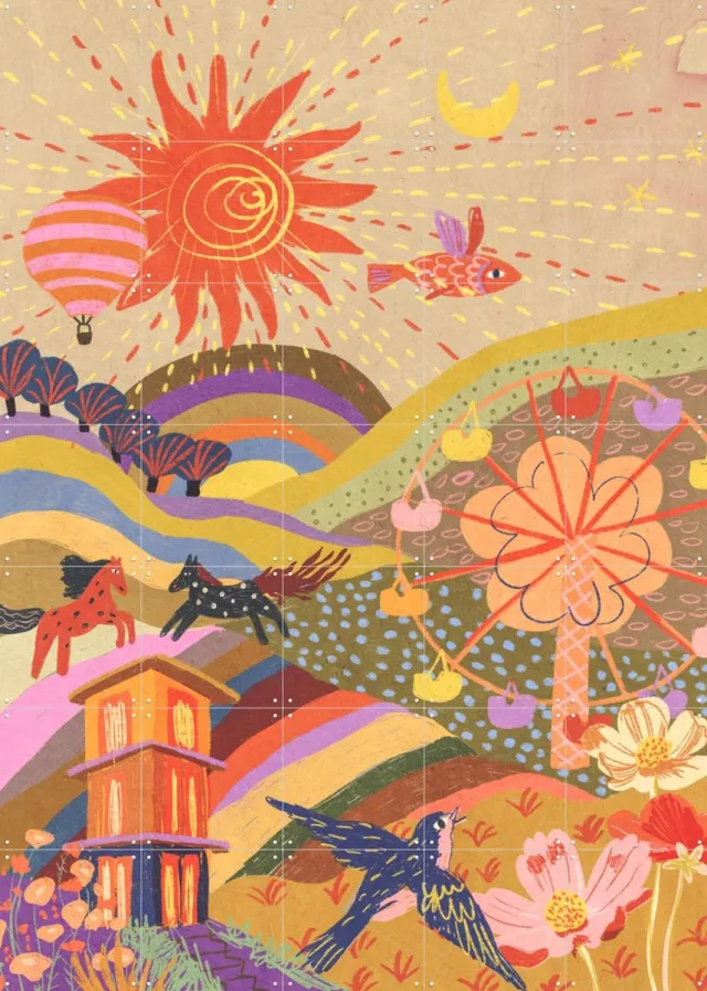 IXXI Where I belong, Gigi Rosado - 100 x 140 cm - Grote wanddecoratie en posters - Grafisch Ontwerp, Kleurrijk, Fantasierijk, Illustraties, Speels Geel