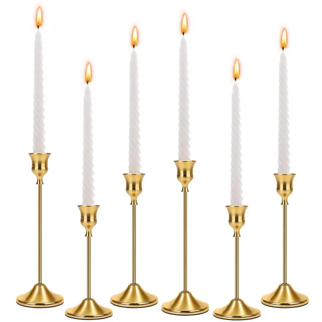 Famanu Set van 6 gouden kandelaars in 3 verschillende hoogtes, elegante staafkaarshouders voor kerst, feesten, huwelijken en verjaardagsfeesten