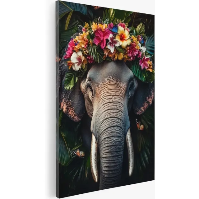 Saammp Canvas Schilderij - Abstracte Olifant met bloemen - Dieren - Natuur - 75x100 - Foto op canvas - Wanddecoratie - Muurdecoratie Woonkamer - Slaapkamer decoratie - Canvas Print Multicolor