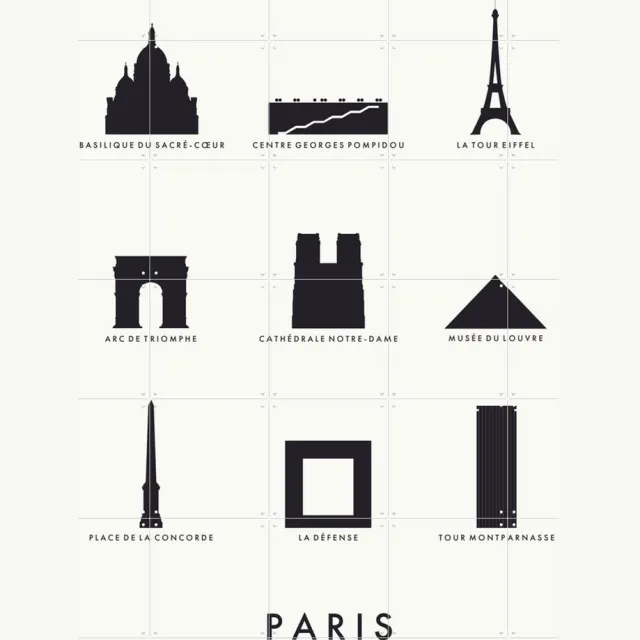 IXXI Paris Architecture white, Kunst in Kaart - 100 x 140 cm - Grote wanddecoratie en posters - Illustraties, Minimalisme, Line art, Grafisch Ontwerp Zwart / Zwart en wit / Grijs / Wit / Lichte tinten / Monochroom