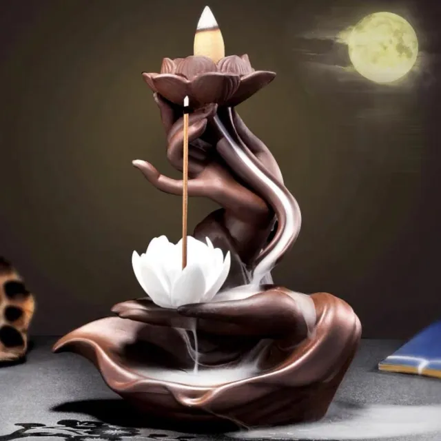 Yogi & Yogini Meditation Backflow wierook brander / houder 17cm handen met lotus waterval Bruin & Wit keramiek Feng Shui BRUIN WIT