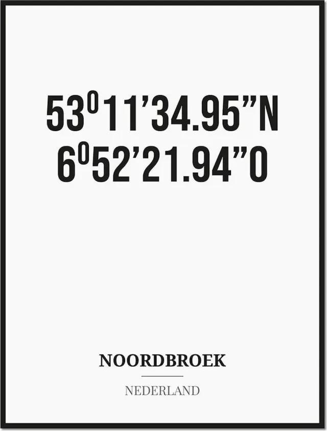 Studio216 Poster/kaart NOORDBROEK met coördinaten zwart, wit