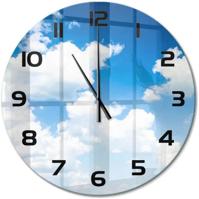 TULUP Wandklok - Wolken aan de hemel Glazen Wandklok Design - fi60 cm - Blauw Klok Glas Met Opdruk - Zwarte handen - Ronde Klok - Wandklok Glas Met Motief - Decoratieve Glazen Klok