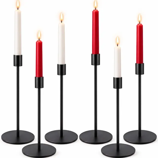 R H R&H® Set van 6 Zwarte Metalen Kandelaars - Vintage Stokkaars Houder 2,2 cm - 3 Hoogtes (22,3/27,2/32,1 cm) - Decoratief voor Bruiloft, Diner en Woonkamer