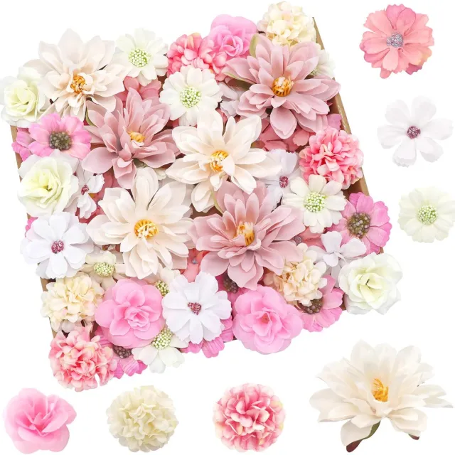Famanu Set van 50 kunstmatige bloemen voor ambachten, 10 verschillende soorten decoratieve bloemen in roze en wit, perfect voor bruiloften en thuisdecoratie