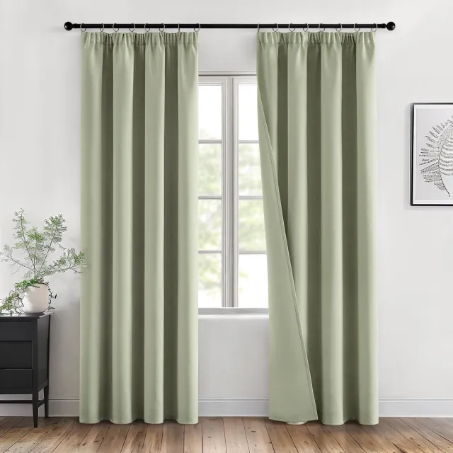 Famanu Verduisteringsgordijnen met plooiband - saliegroene gordijnen - ondoorzichtig - set van 2 - 140 x 260 cm - moderne gordijnen