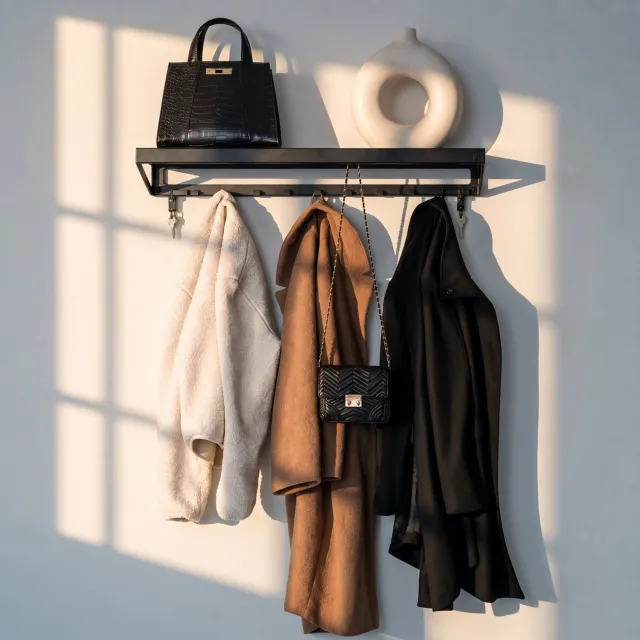 Indusigns wandkapstok staal - Zwart met hoedenplank & jashaken - 119x25x10 cm - Industrieel & modern design
