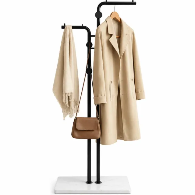 Arisa Home Kapstok Staand 170 cm – Staande Kapstok met Marmeren Voet – 5 Haken – Zwart/Wit – Garderobe Kapstok voor Hal en Entree
