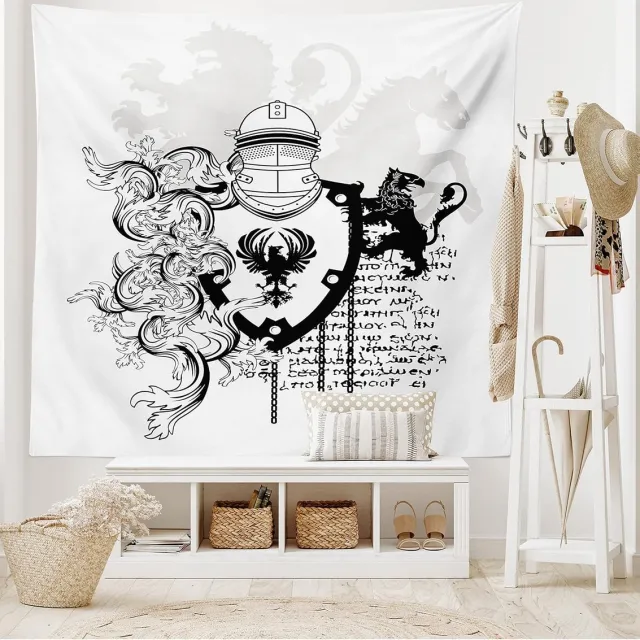 ABAKUHAUS Zwart-wit Wandtapijt, Middeleeuwse Ridder, Woonkamer Slaapkamer Wanddoek Zijdezacht Satijnen Wandtapijt, 150 x 100 cm, Wit Zwart Wit-zwart