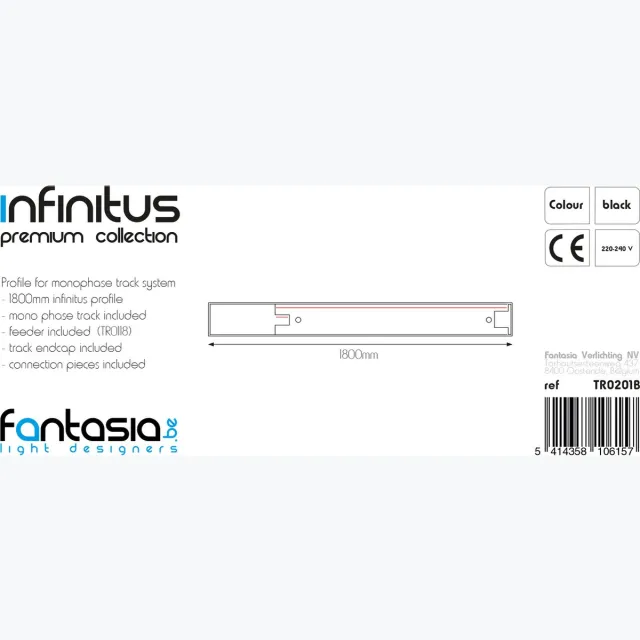 Fantasia Infinitus railprofiel voor railspots, zwart, 1800 mm lang, 40 x 70 mm profiel, 220V monofasig, dimbaar