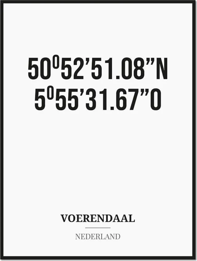 Studio216 Poster/kaart VOERENDAAL met coördinaten zwart, wit