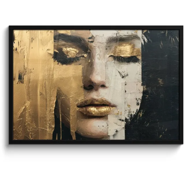 FrameYourWall Poster in lijst - Fotolijst 90x60 cm - Posters - Abstract - Goud - Gezicht - Lippen - Posterlijst zwart - Decoratie - Wanddecoratie woonkamer - Muurdecoratie slaapkamer Abstract - Gezicht - Lippen