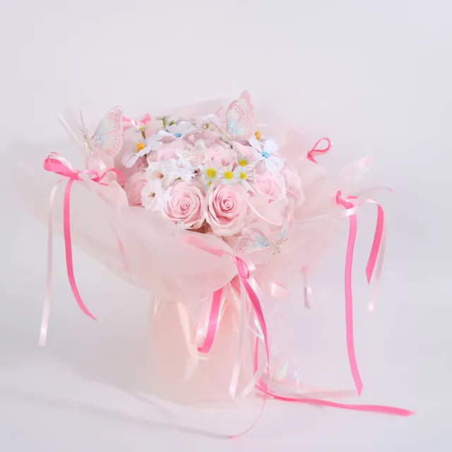 La Roselle Amsterdam La Roselle AmsterdamLichtroze Kunstrozen Boeket met decoratie – Roze kunstbloemen – feestdagen gift Transparant roze
