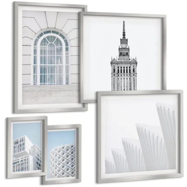 TULUP 4-Delige Schilderij Set - Moderne architectuur: minimalistische vormen en lijnen - 50 x 50 cm, 20 x 30 cm en 40 x 60 cm - Moderne Wanddecoratie - Woonkamer - Woonkamer Decoratie Zilveren lijst