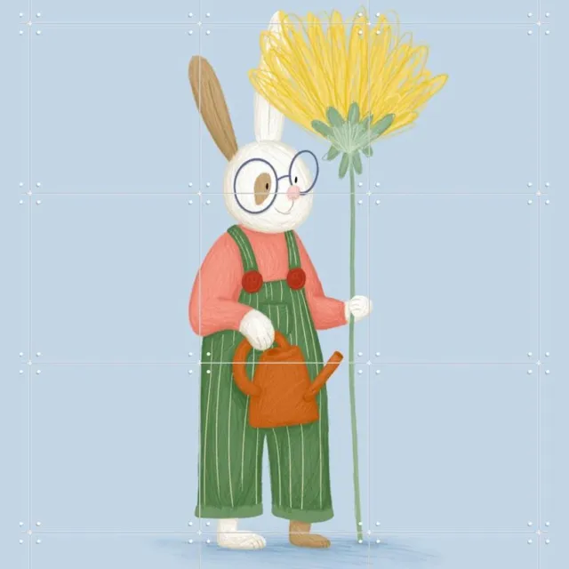 IXXI Gardener Rabbit, Studio Phie - 100 x 100 cm - Grote wanddecoratie en posters - Speels, Fantasierijk, Cartoonesk, Illustraties, Babykamer Blauw