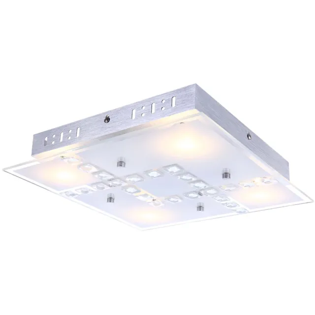 Globo Plafondlamp kristallen woonkamerlamp plafondlamp glas, aluminium, 4x LED 5W 400Lm warm wit, LxBxH 32x32x6,5 cm zilver
