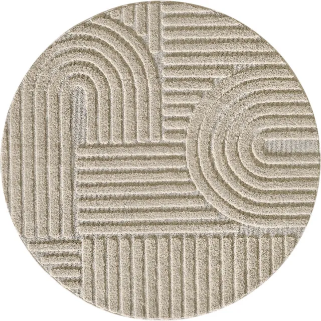 flycarpets Arte Laagpolig Vloerkleed, Japandi Stijl, Kleur Beige , Vloerkleed / Tapijt voor Woonkamer, Jute achterkant 120cm ⌀ rond