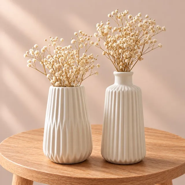Deco by Boltze set 2x mini vaasjes - licht beige - porselein - 17 cm - bloemenvaas - mix vormen - voor bloemetjes