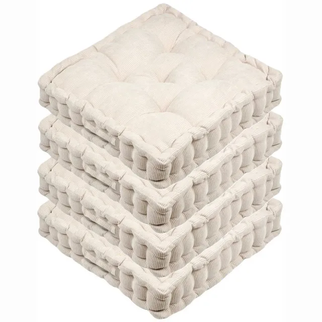 Stof Textile Vloerkussen Ribcord - 4x - lichtbeige - 45 x 45 x 10 cm - vierkant - Extra dik - extra zitplaatsen - spelen - gamen - relaxen Licht beige