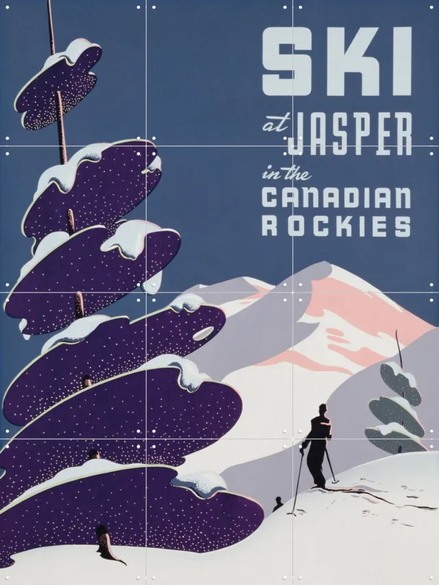IXXI Canadian Ski Resort Jasper, Bridgeman Images - 60 x 80 cm - Grote wanddecoratie en posters - Illustraties, Art Deco, Vintage, Woonkamer, Winter Warme kleuren / Blauw