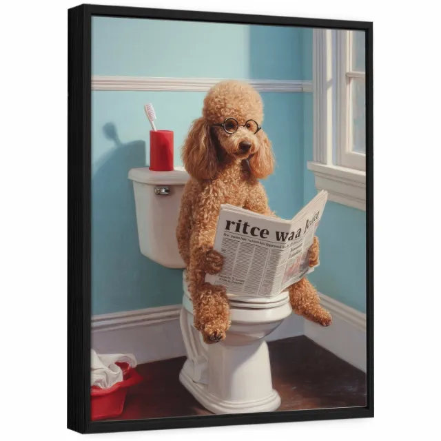WALLARENA Schilderij op canvas in zwarte lijst - 100x70 cm - grappige hond op toilet - wanddecoratie badkamer en toilet Veelkleurig